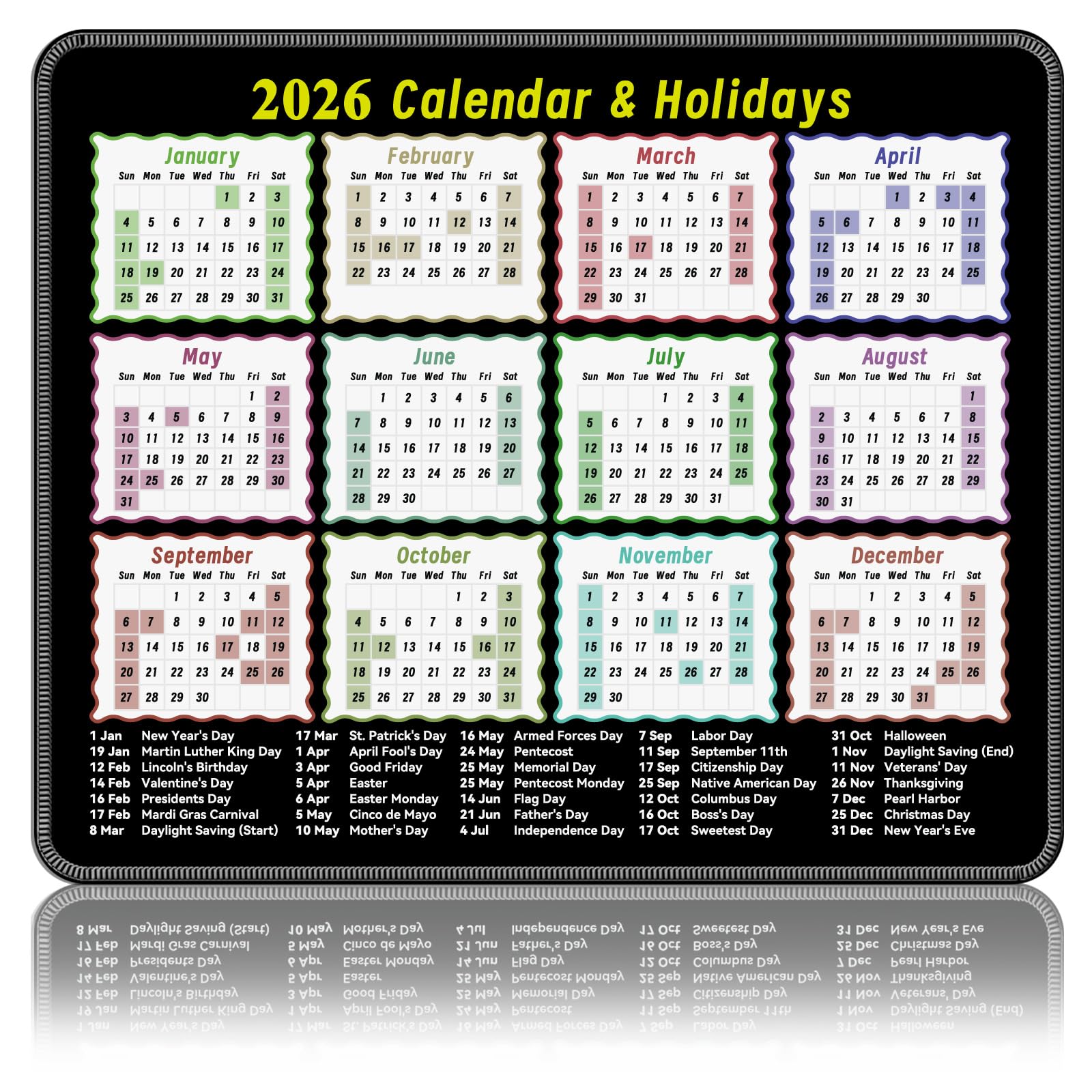 Photo 1 of 2026 Calendar Mouse Pad?9.8 * 11.8in Portable Size|Waterproof, Non-Slip, Smooth to use|with Complete 2026 Holiday Markings|Mouse pad for Work, Study, and Gaming