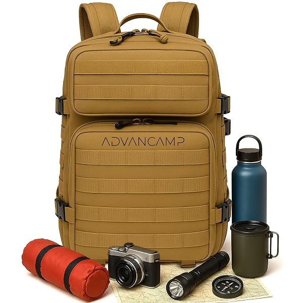 ADVANCAMP 45L MILITARY TACTICAL BACKPACK LARGE DAY PACK FOR MEN – MOLLE RUCKING ASSAULT RUCKSACK, HEAVY-DUTY WATER-RESISTANT BAG FOR HIKING, GYM, TRAVEL & OUTDOOR ADVENTURES – KHAKI