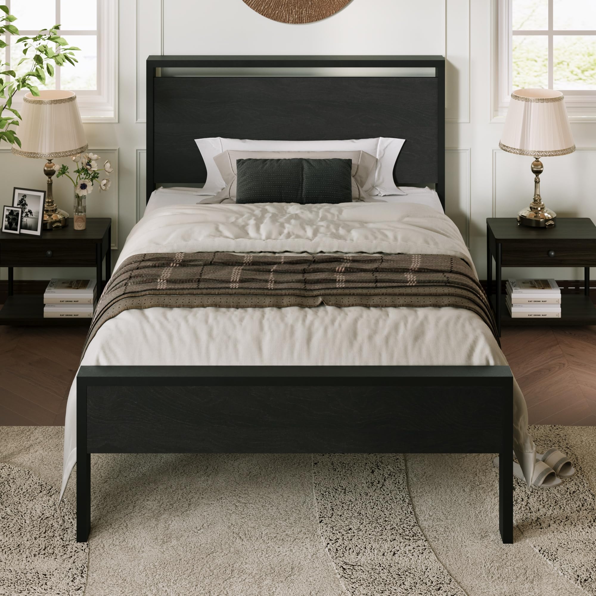 Allewie Twin Size Platform Bed Frame with Wooden Headboard and Footboard, Heavy Duty Metal Slats Support, No Box Spring Needed, Under-Bed Storage, Noise Free, Easy Assembly, Black Oak