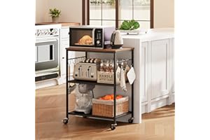 Homleke 3-Tier Rolling Kitchen Microwave Cart, Kitchen Utility Cart on Lockable Wheels, Coffee Bar Table Station with 6 S-Shaped Hooks, Small Appliance Storage Shelf, Rustic Brown and Black