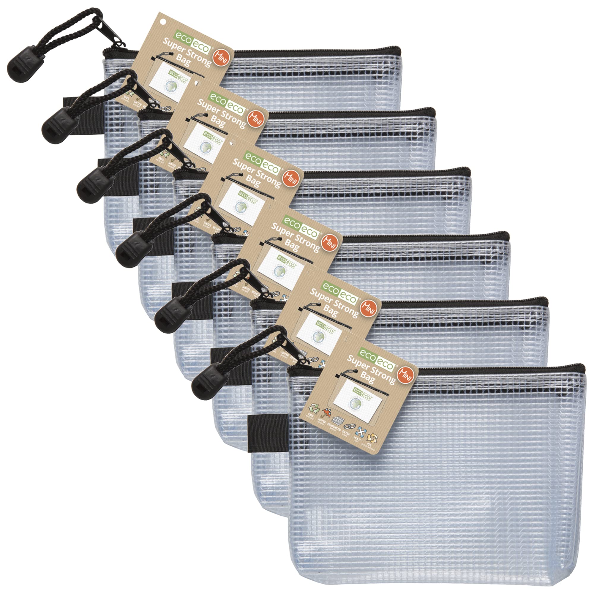 eco-eco Mini 95% Recycled Super Strong Bag, Waterproof Mesh Tuff Bag, Reinforced, Black Zip Closure (Pack of 6), eco036x6