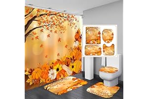 Yddsky Fall Thanksgiving Day 4Pcs Autumn Pumpkin Maple Tree Leaves Shower Curtain Set with Non-Slip Rug Toilet Lid Cover and Bath Mat Shower Curtain with 12 Hooks Waterproof Fall Decor