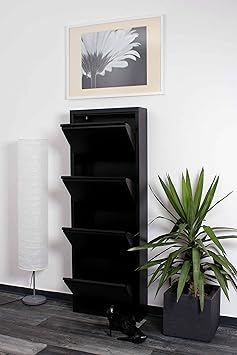 lifestyle4living Schuhkipper schwarz aus Metall hat 4 synchron öffnende Klappen, schmaler Schuhschrank ist 15 cm tief und bie