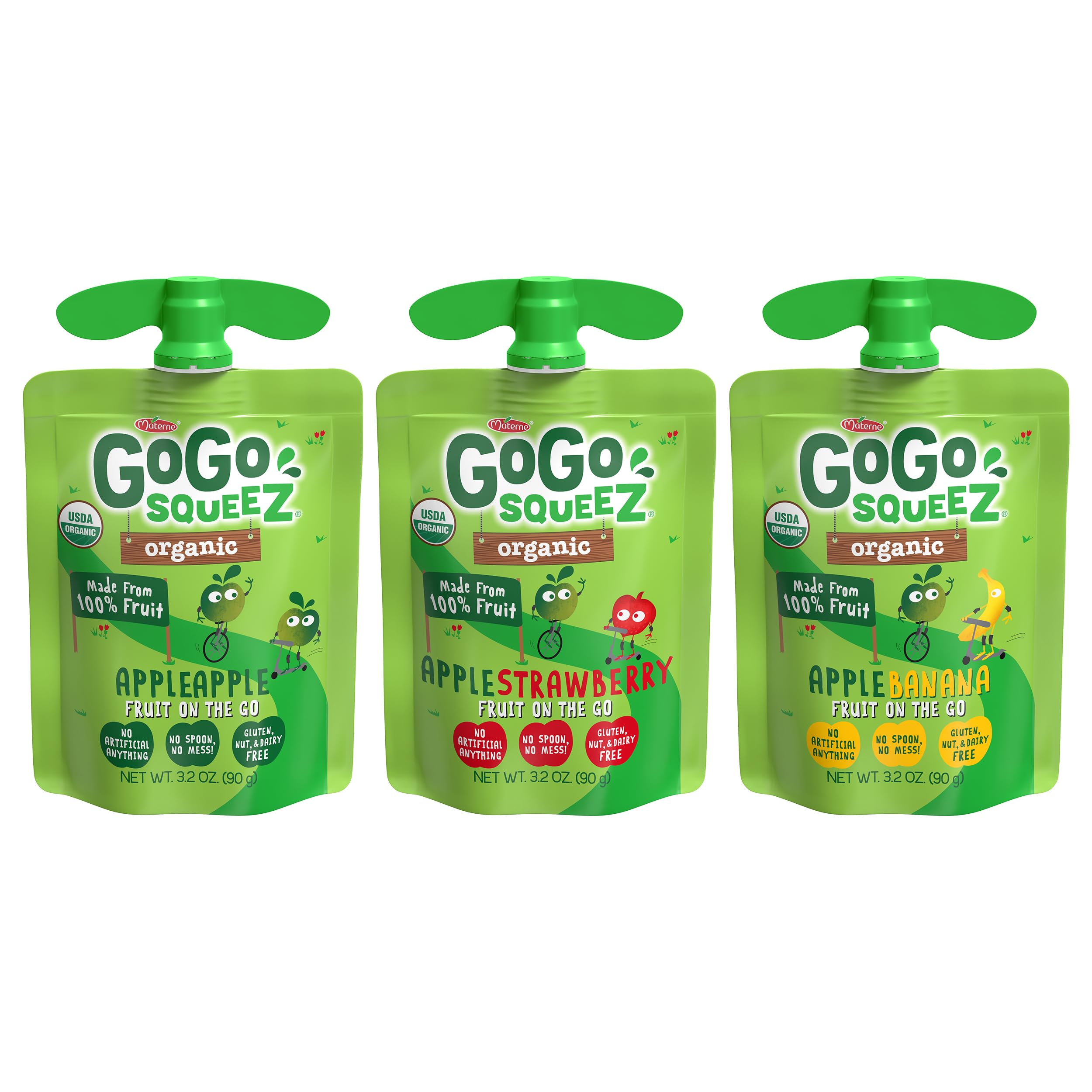 GoGo squeeZ Organic Applesauce and Fruit Puree, Variety Pack, Apple, Strawberry & Banana, 3.2 oz (Pack of 12), Unsweetened Organic Fruit Snacks for Kids, No Gluten, Nut & Dairy, BPA Free Pouches
