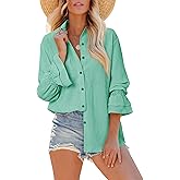 Gleeivy Oversize Striped Button Down Shirts Women Smocked Boyfriend Long Sleeve Blouse Ruffle Casual Tops with Pocket