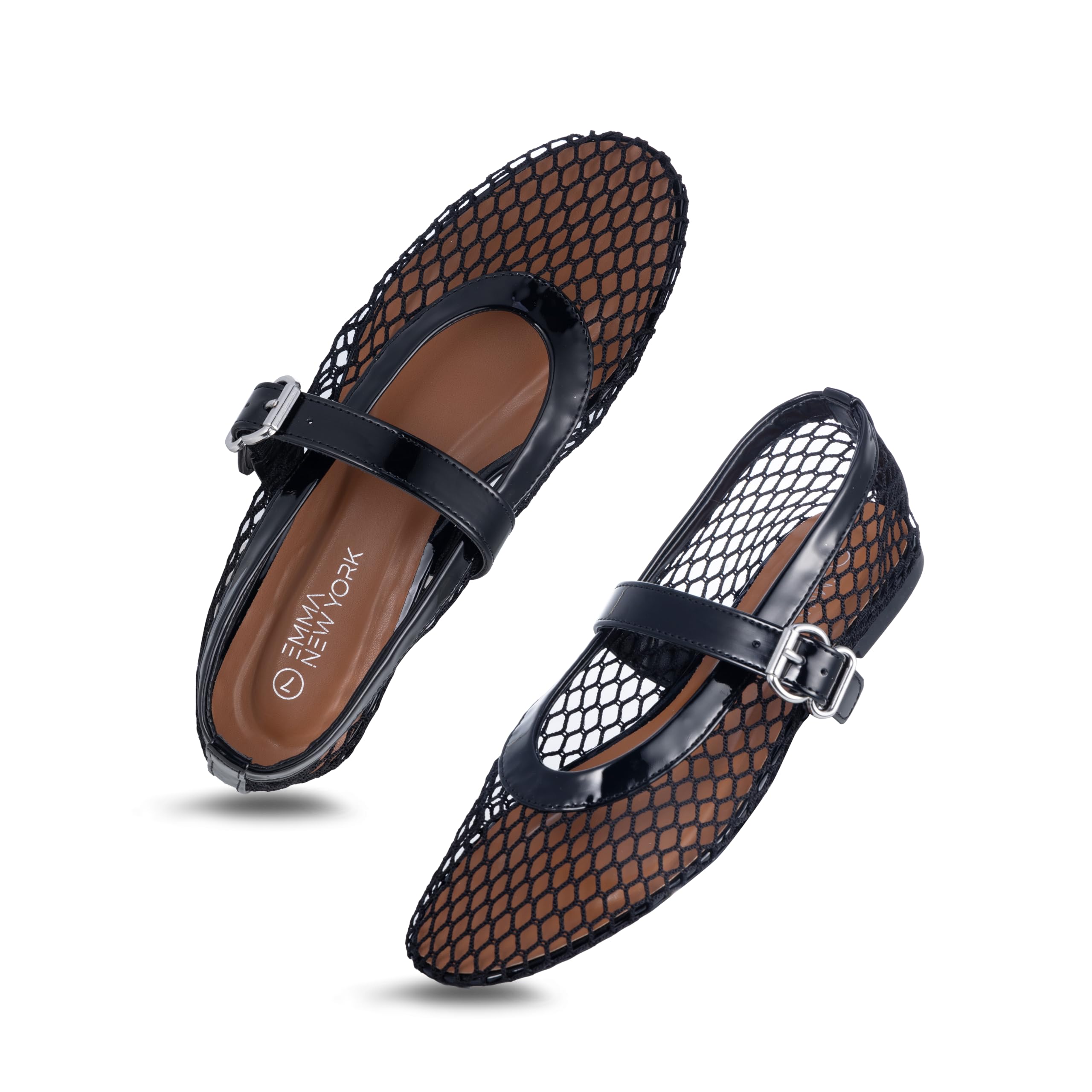 EMMA NEW YORK Women's Mesh Ballet Flats - Fishnet Mary Jane Style With Adjustable Buckle Strap, Breathable & Non-Slip