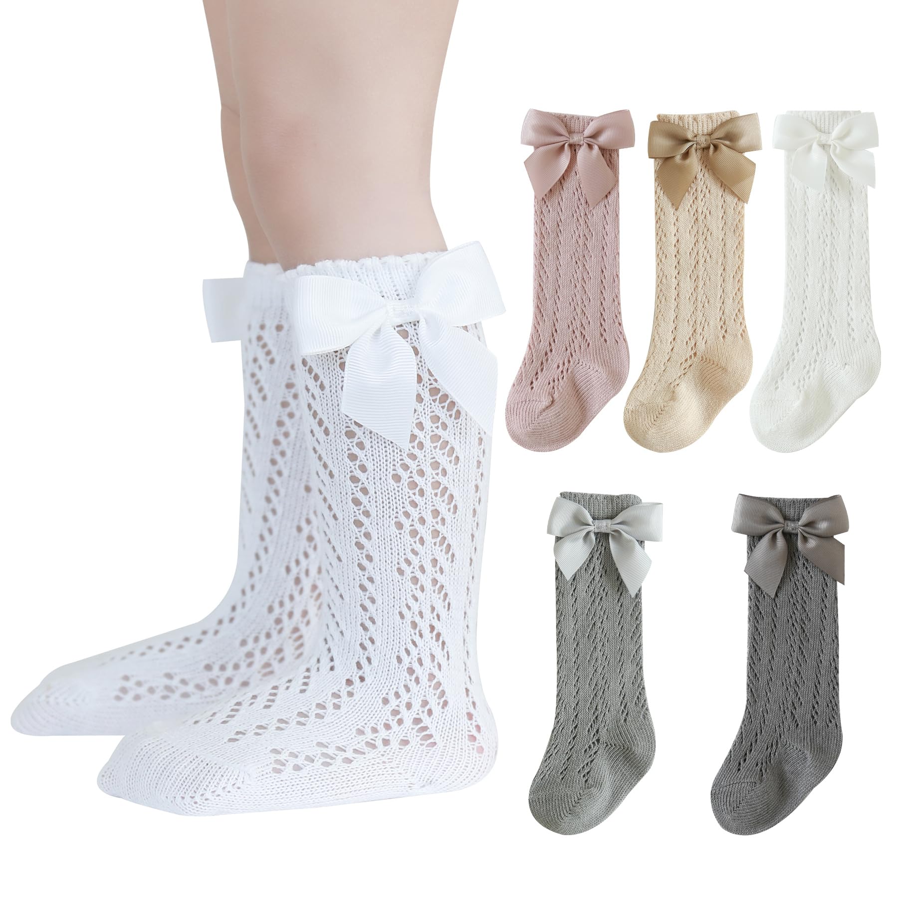 Photo 1 of HOUSEYUAN Toddler Baby Girls Knee High mesh Hollow Out Socks With Bow Newborn Infants Ruffled School Uniform Leggings Long Stockings White 5 Pairs 12-24 Months