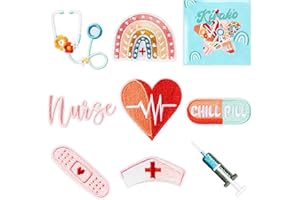 Kirako 8 Pcs Nurse Embroidered Patches Cute Medical Nursing Sew Iron on Applique Decorative Repair Patch Emblem Nurse's Day Gifts DIY Crafts Accessories for Clothing Scrubs Jacket Jeans Backpack Hat
