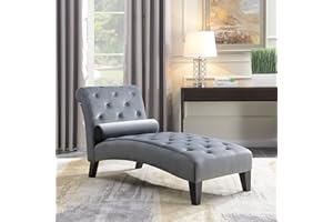 BELLEZE Upholstered Chaise Lounge Chair Indoor, Modern Leisure Chaise Lounge Sofa Couch, Button Tufted Back Seat with Matching Accent Pillow, and Hardwood Legs - Aurora (Gray)