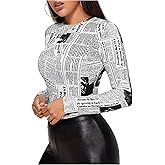 WDIRARA Women's Newspaper Print Tee Long Sleeve Round Neck Letter Print Slim Top