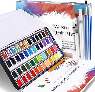 WOSTOO Aquarellfarben Set 64 Stück Aquarell Malkasten 48 Farben+3 Hookline Stifte+2 Wassertankpinsel+10 Aquarellpapier+1 Kontrollfarbkarte-Aquarell Farben Set Malkasten für Anfänger und Profis