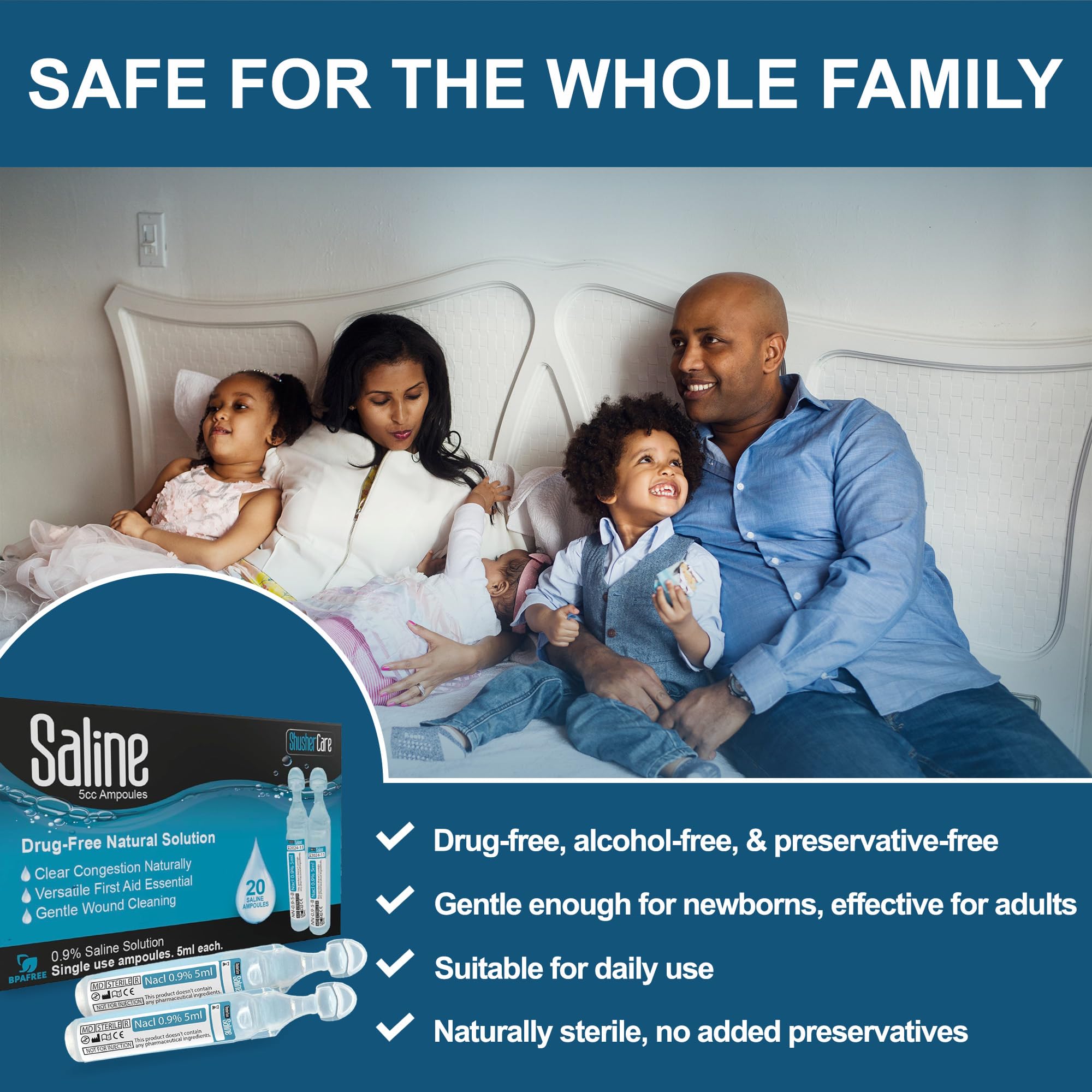 Saline Ampoules - Saline Solution for Nebulizer, Sodium Chloride 0.9% for Nose, Nasal Cleanse for Babies, Kids, & Adults, Sterile Nasal Care, Wound Cleansing - 20 Count (5ml Each)