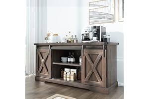 Squireewo Farmhouse Sideboard with Sliding Barn Doors, Rustic Coffee Bar Cabinet with Storage and Adjustable Shelves, Cupboard Table for Kitchen Dining Room Living Room, Brown