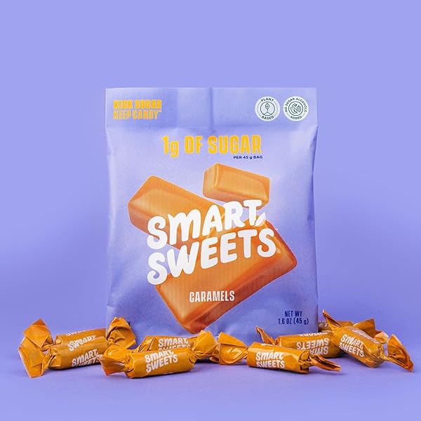 SMARTSWEETS CARAMEL CANDIES, 1.6OZ (PACK OF 12), CREAMY CANDY WITH LOW SUGAR (1G), LOW CALORIE (140), PLANT BASED, GLUTEN FREE, NO ARTIFICIAL COLORS OR SWEETENERS, HEALTHY SNACK FOR KIDS & ADULTS