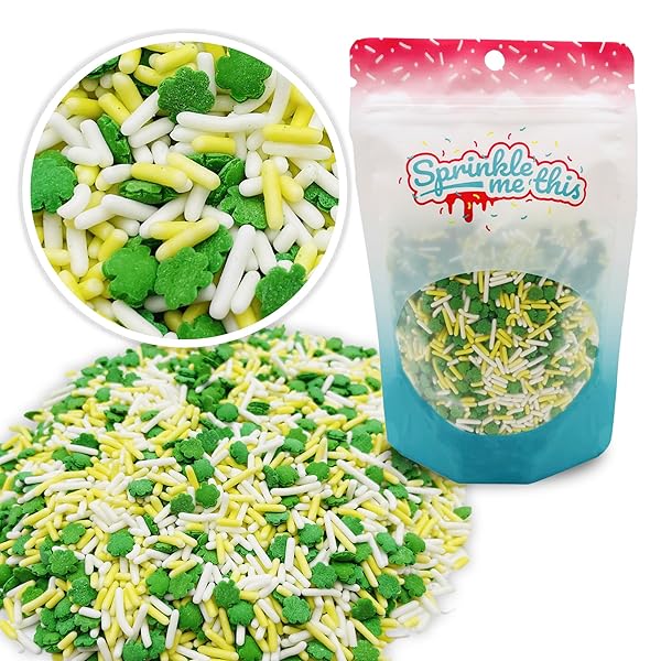 ST. PAT’S LUCK | GREEN SHAMROCK SPRINKLES W/WHITE AND YELLOW DECORETTES | 12 OZ RESEALABLE STAND UP BAG | ST. PATRICK’S DAY THEMED SPRINKLE BLEND | CAKE DECORATING SPRINKLES