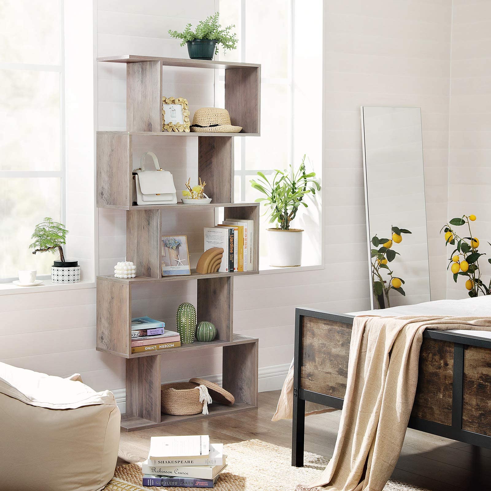VASAGLE Wooden Bookcase, Display Shelf and Room Divider, Freestanding Decorative Storage Shelving, 5-Tier Bookshelf, Greige ULBC062M01 9.4D x 27.6W x 62.6H in