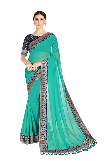 COTTON SHOPY Womens Georgette Saree With Blouse Piece (4073_Turquoise Blue)