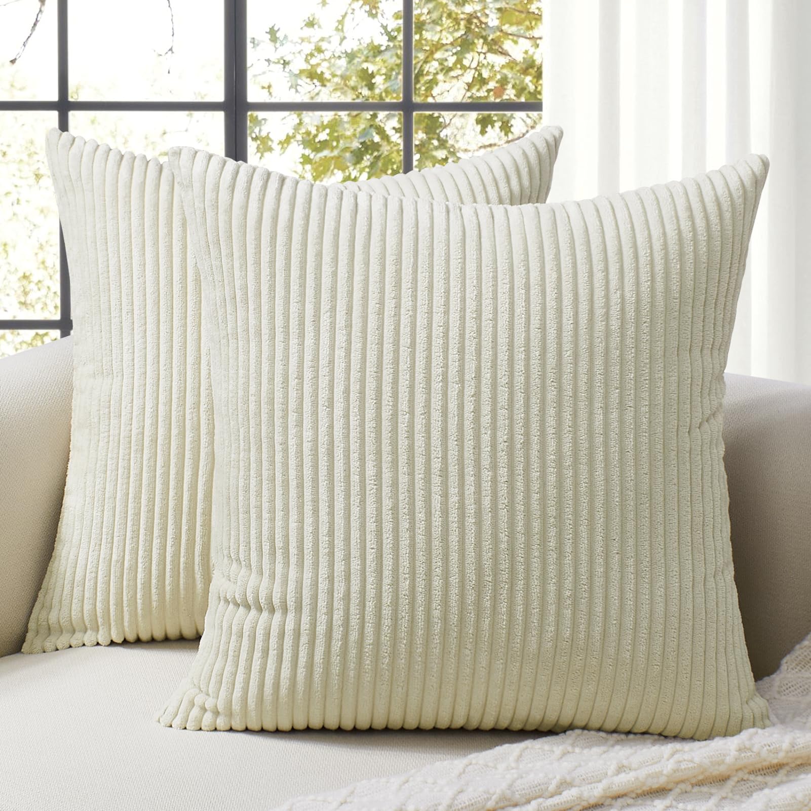 Photo 1 of Softalker Throw Pillow Covers 18 x 18, Set of 2 - Cream Decorative Soft Corduroy Striped Boho Throw Pillow Covers, Modern Home Cushion Pillow Cases for Farmhouse Decor, Couch, Sofa, Bed & Living Room