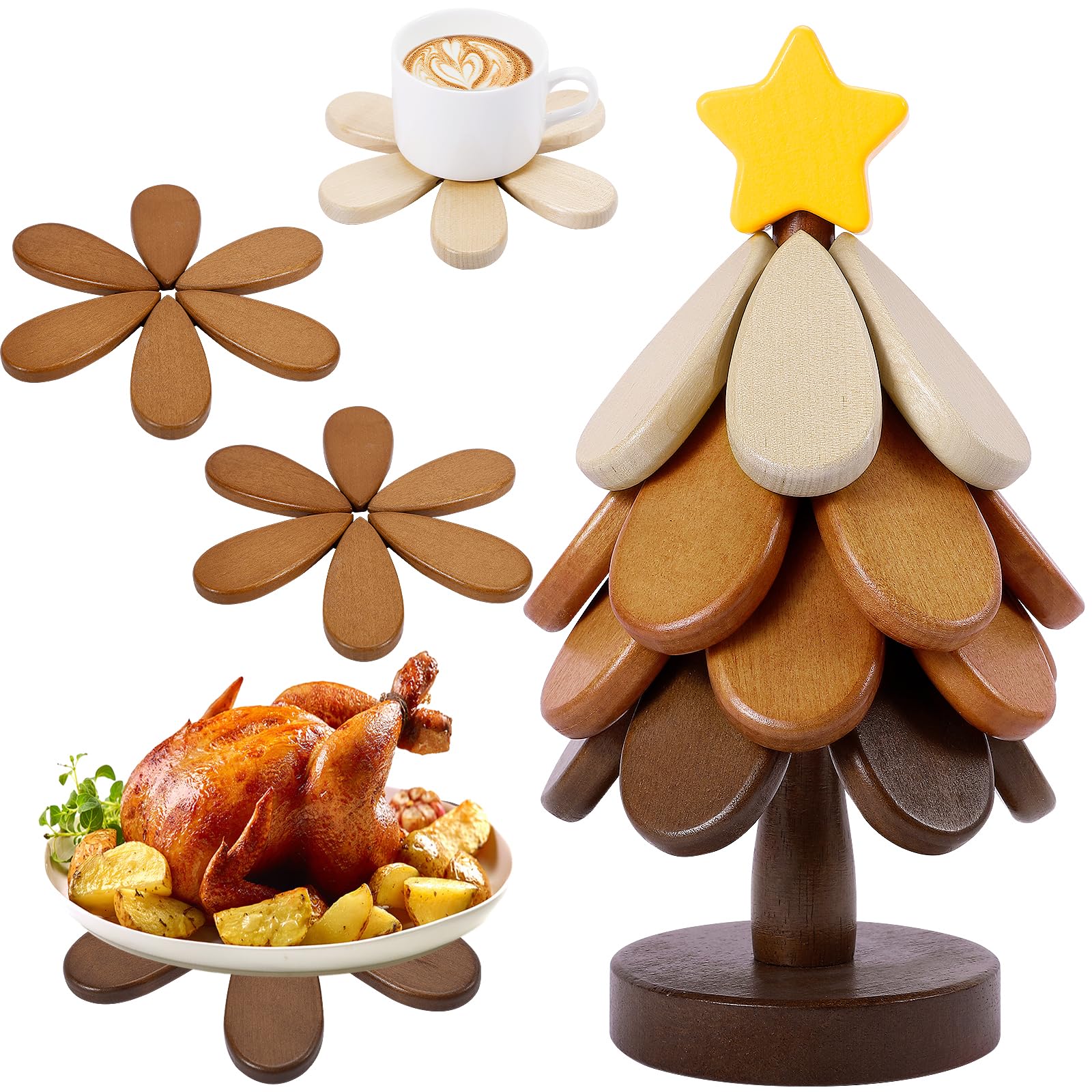 Photo 1 of Wooden Tree Trivets for Hot Dishes, Tree Shape Trivet Set of 4 for Hot Pot Pans, Wood Coasters for Bowls Teapots Drinks Plates, Home Table Decor(Walnut Wood)