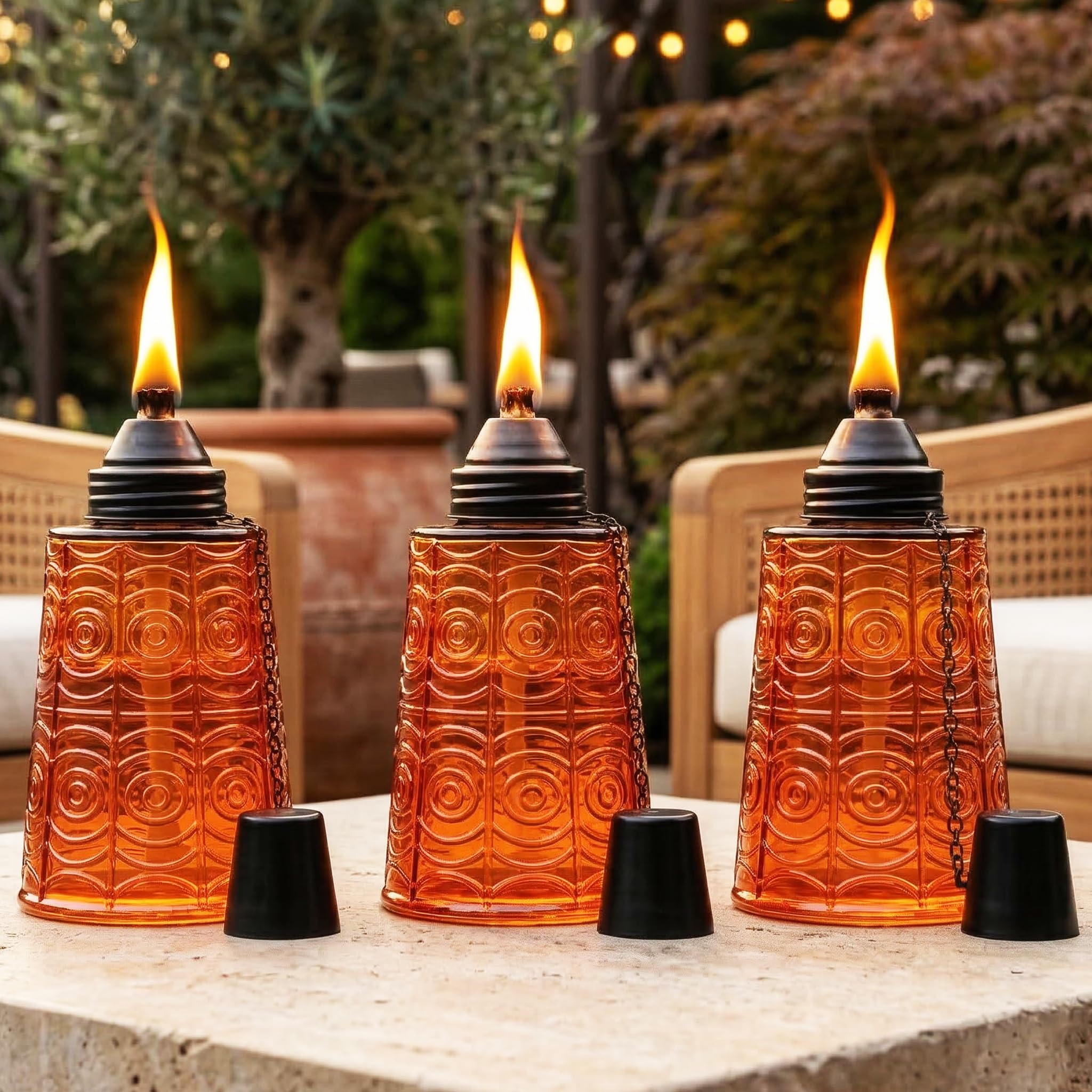 Seraphic Table Top Citronella Burner Torches for Outdoor Patio, 16oz Decorative Glass Tiki Torch Citronella Lamp Candles for Outside Deck, Garden, Parties, Set of 3, Amber