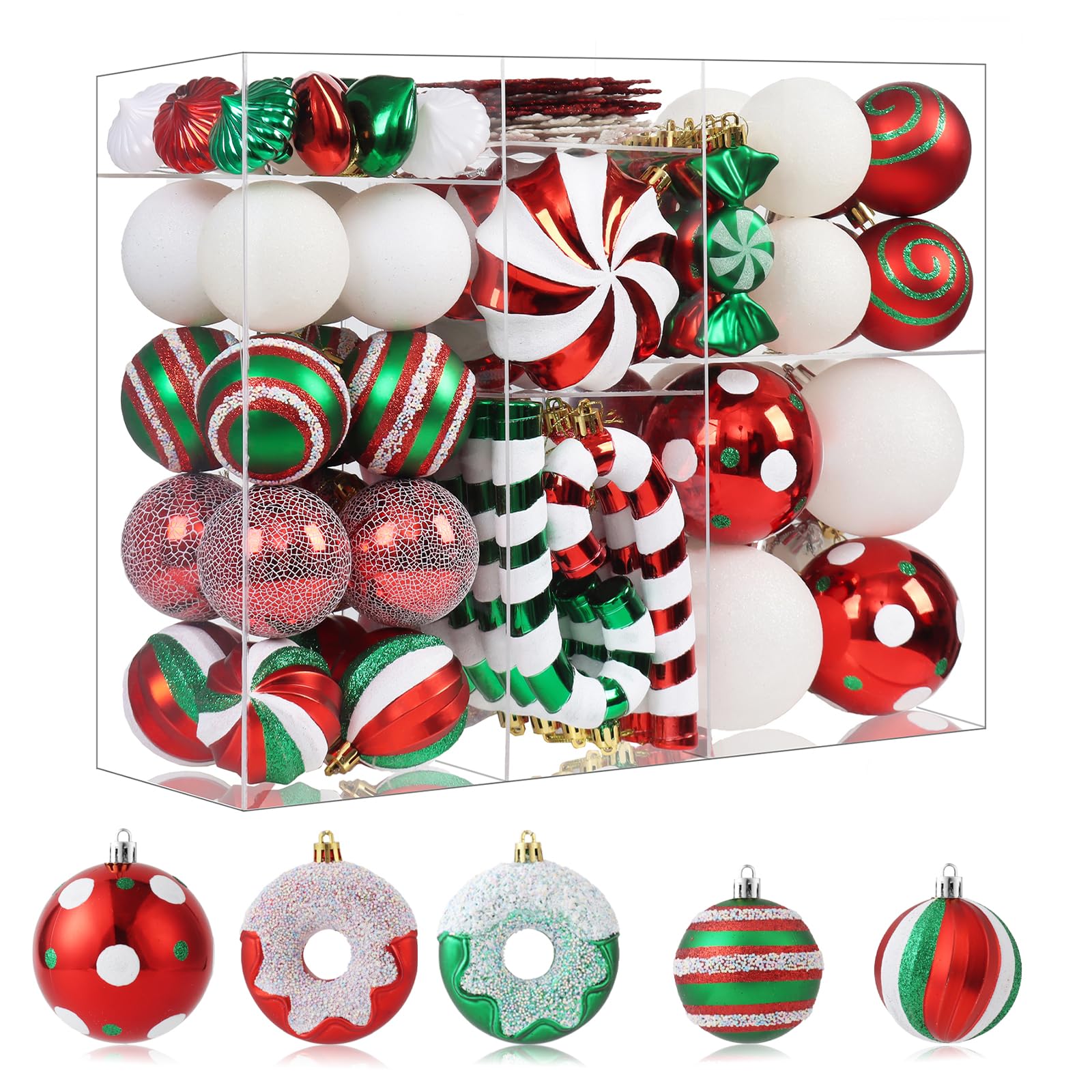 Photo 1 of 105PCS Red Green White Christmas Ornaments Set, Cute Shatterproof Christmas Ball Ornaments Bulk, Assorted Christmas Decorations Hanging Balls for Christmas Tree Holiday Party Decor (Red Green White)