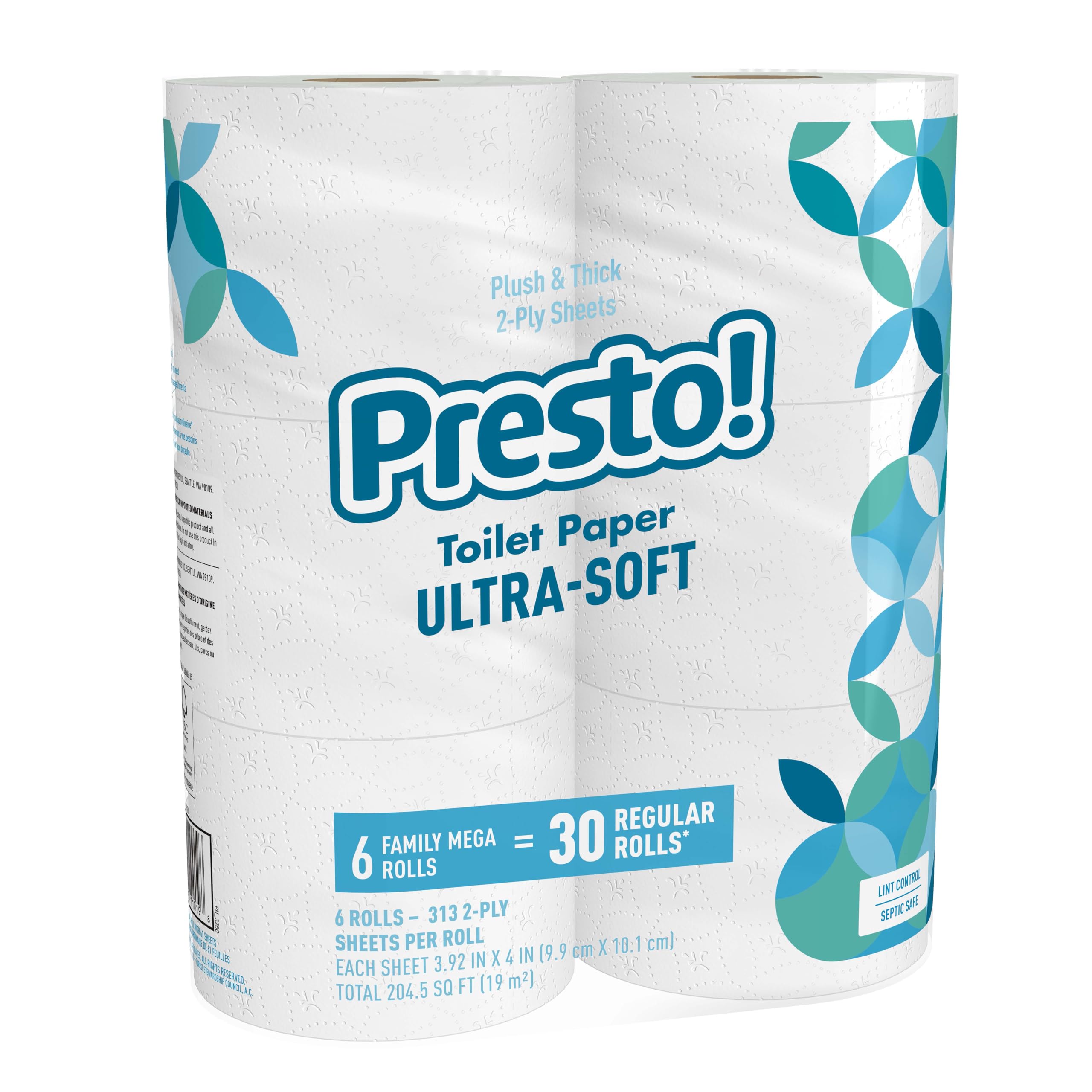 Photo 1 of Amazon Brand - Presto! 2-Ply Ultra-Soft Toilet Paper, 6 Family Mega Rolls = 30 regular rolls, 1878 Count (6 roll of 313 sheets), Unscented, White