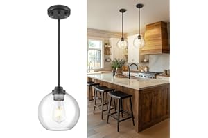 JAZAVA 8 inch Matte Black Pendant Light, Mid Century Globe Haning Light Fixture Ceiling with Clear Glass for Kitchen Island Dining Room Bedroom Hallway Foyer (1 Pack), PL101BK-L