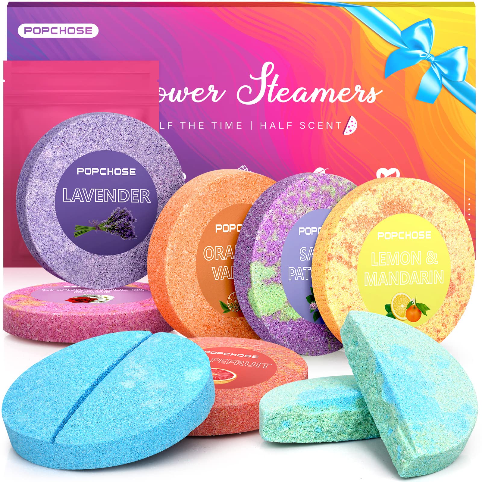 POPCHOSE Shower Steamers Aromatherapy, Stocking Stuffers for Women, Christmas Gifts for Teens and Women, Self Care & Home Spa Gifts for Mom, Men, Dad, and Teens, 8 Scented with Gift Packaging