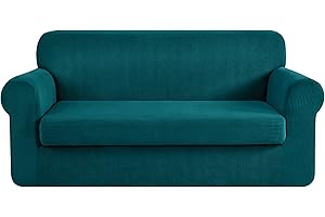 CHUN YI Stretch Loveseat Sofa Slipcover 2 Piece Sofa Cover, 2 Seater Couch Slipcover Coat Soft Washable Furniture Covers with Elastic Bottom, Checks Spandex Jacquard Fabric, Medium, Teal