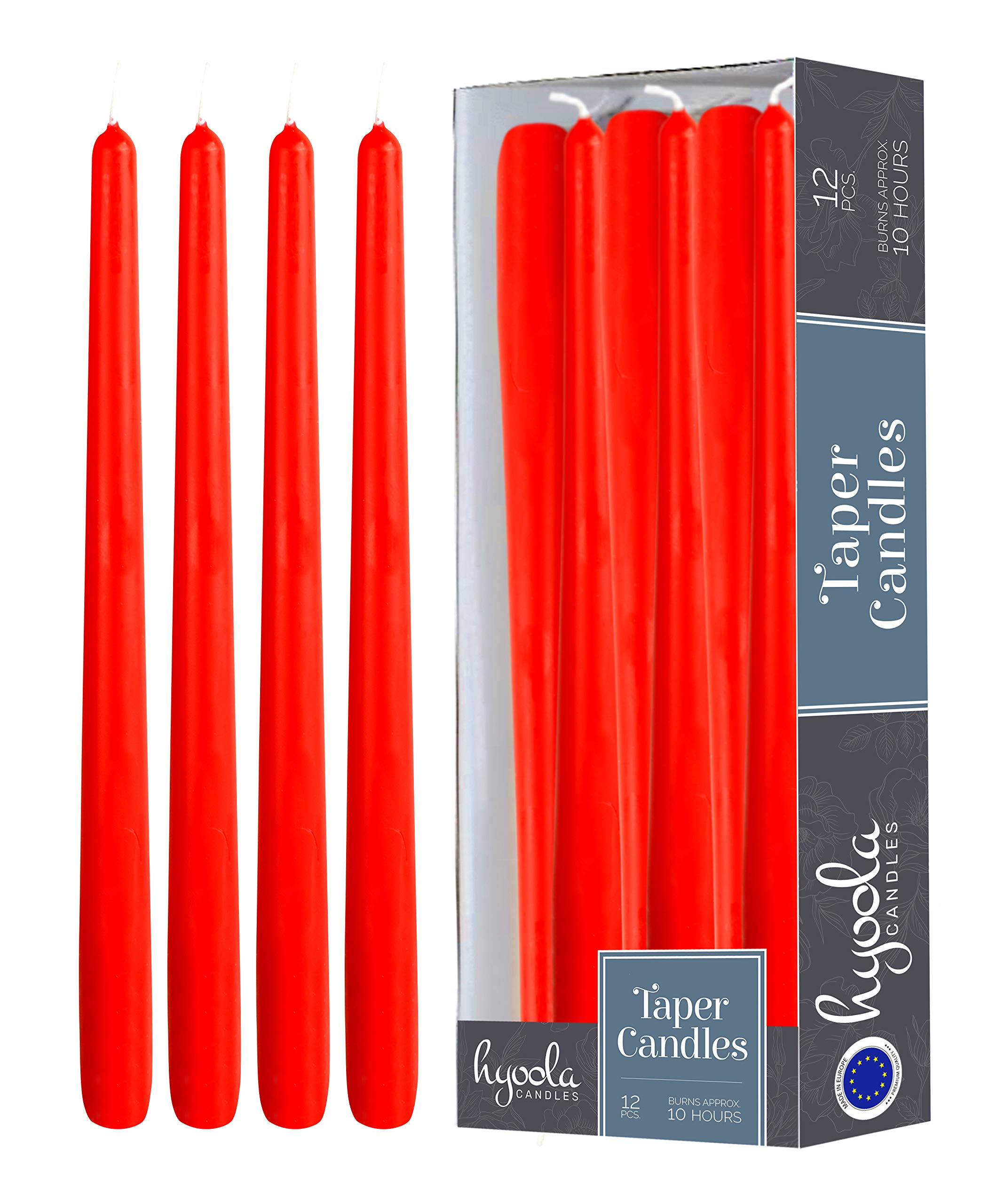 Hyoola Red Taper Candles - 300 mm (12 Inch) Unscented Dripless Taper Candles - 10 Hour Burn Time - 12 Pack