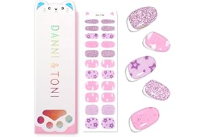 DANNI & TONI Kids Gel Nail Strips Clouds Stars Purple Glitters Salon-Quality Peel & Stick Manicure for Children (Age 6+)– Safe, Long-Lasting, Easy to Apply |Purple Dream
