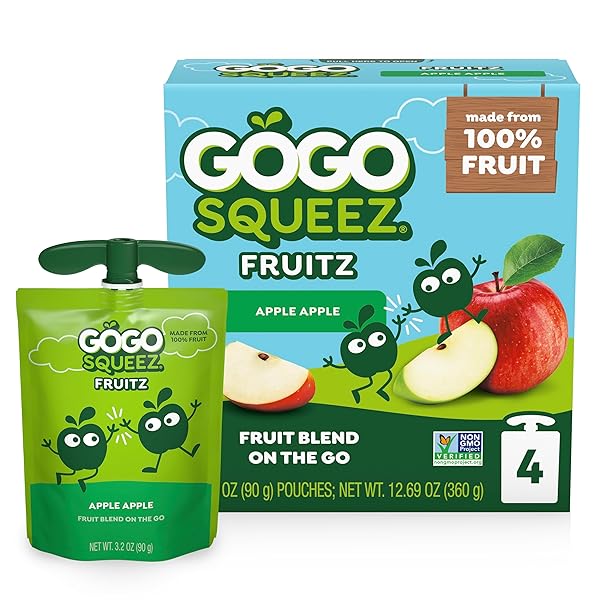 GOGO SQUEEZ APPLESAUCE AND FRUIT PUREE, APPLE APPLE, 3.2 OZ (PACK OF 4), UNSWEETENED FRUIT SNACKS FOR KIDS, GLUTEN FREE, NUT FREE AND DAIRY FREE, RECLOSEABLE CAP, BPA FREE POUCHES
