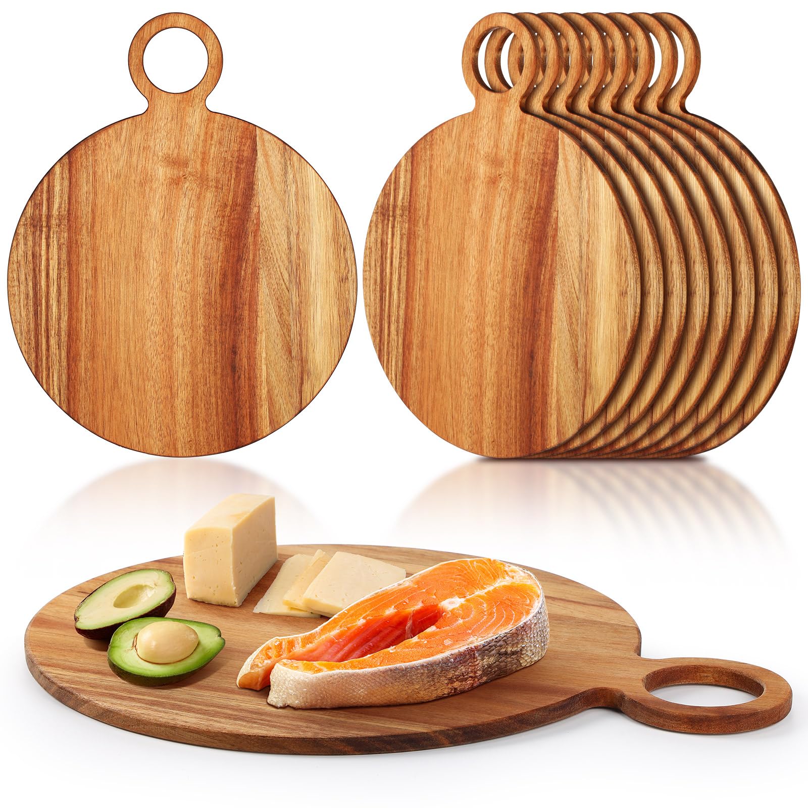 Photo 1 of Jinei 10 Pack Acacia Wood Cutting Board Bulk with Handle Wooden Chopping Boards Round Charcuterie Boards Round Wood Cheese Paddle Board for Meat Bread Serving Board Circular Carving Cutting Board