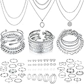 FAXHION 68 Pcs Gold Jewelry Set for Women with 7 Necklace, 17 Bracelet, 5 Hoop Earrings, 15 Stud Earrings, 24 Knuckle Rings for Women Jewelry Set for Women Gift