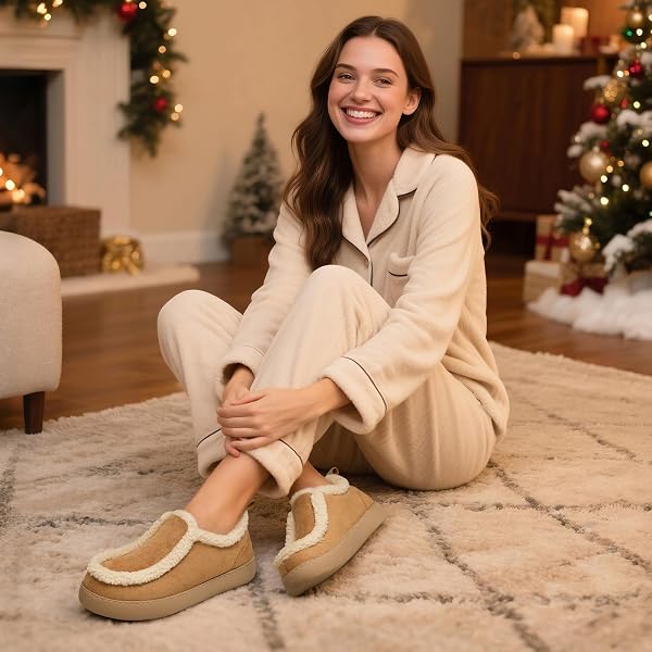 ZIZOR WOMEN’S WINTER BOOTIE SLIPPERS HOUSE SHOES – COZY WARM SUEDE WITH FUR LINING, MEMORY-FOAM INSOLE, CUTE DESIGN FOR INDOOR & OUTDOOR (TAN, SIZE 10)