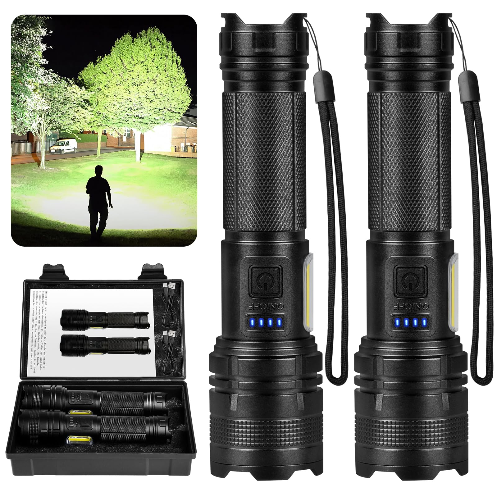 Photo 1 of THY TRY Rechargeable LED Flashlights High Lumens, 90000LM Super Bright Flashlights with 7 Modes, High Powered Handheld Flash Light for Home Camping Hiking Night Work (2 Pack)