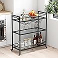 LORMITER Glass Black Bar Carts for Home with Hanging Wine Rack - Home Bar Serving Cart with 3 Mirrored Shelves, Kitchen Bar Carts, Wine Cart for Entertaining, Club Party.