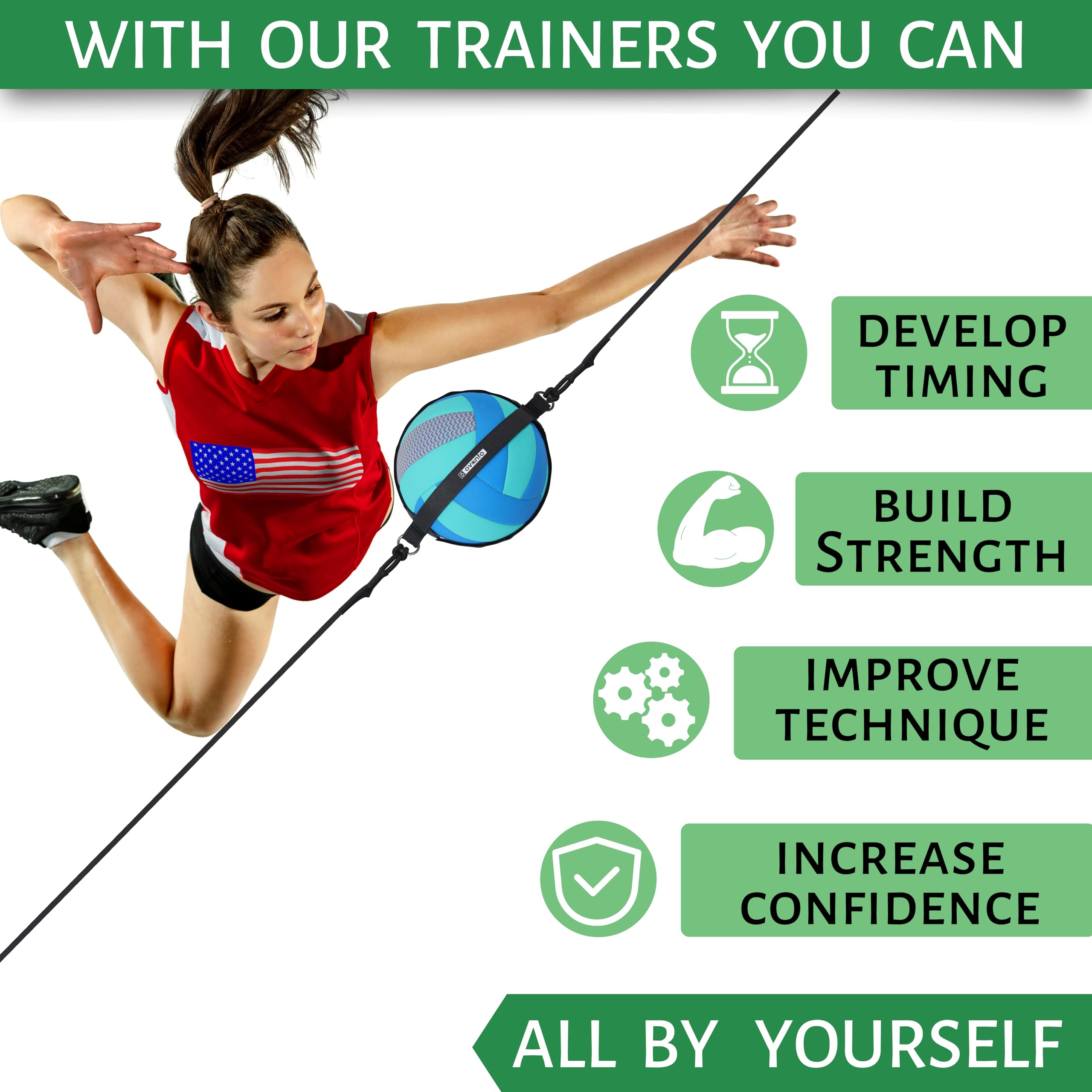 OVANTO Volleyball Training Equipment Aid – Solo Volleyball Equipment in 4 Styles to Serve, Spike, Set and Pass Like a Pro - Adjustable Volleyball Practice Equipment Gift for Beginners & Experts