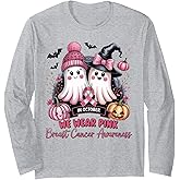 in October We Wear Pink Ghost Witch Breast Cancer Awareness Long Sleeve T-Shirt