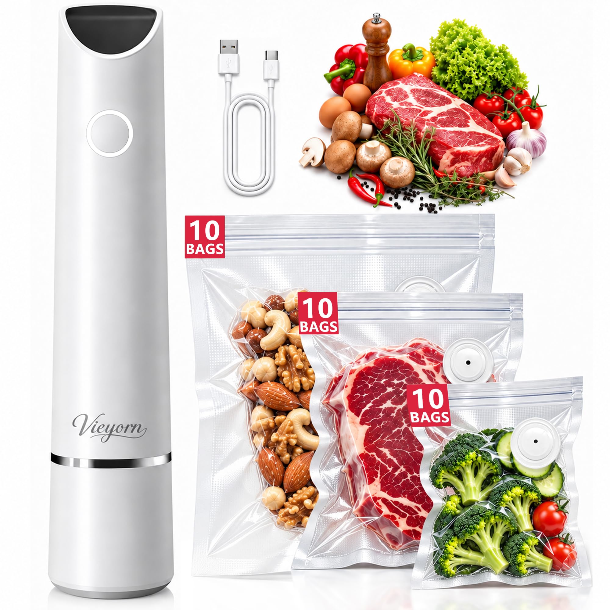 Vieyorn 60kPa Compact Food Vacuum Sealer Kit with 30 Reusable Bags-10S/M/L | WHITE Minimalist 60kPa Precision 8X Freshness US