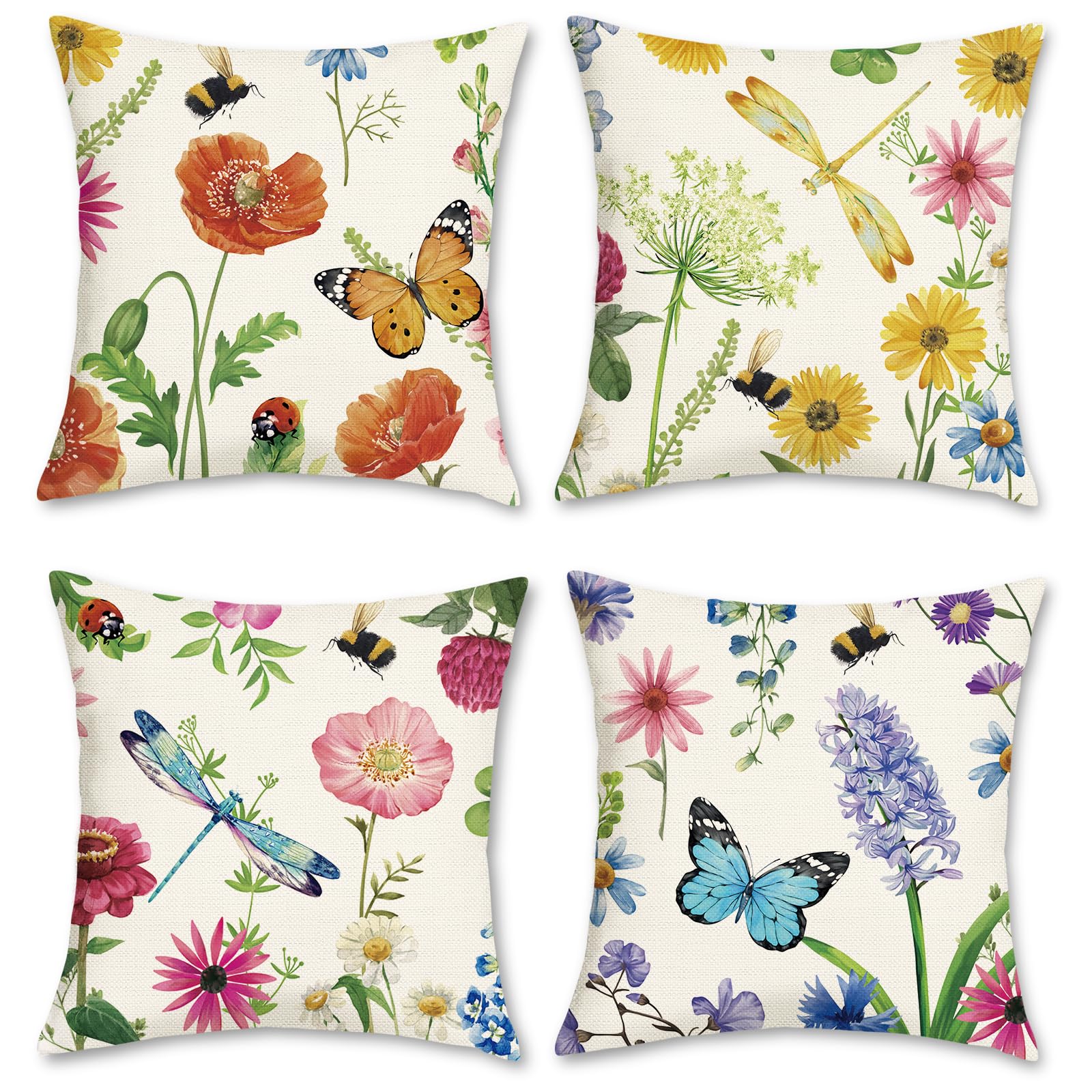 Bonhause Garden Floral Cushion Covers 45 x 45 cm Spring Flower Butterfly Decorative Throw Pillow Covers for Sofa Home Garden Outdoor Spring Decor Set of 4