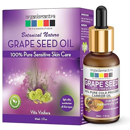 Organix Mantra Grapeseed Carrier Oil, 30ML, For Acne Prone Skin and Hair Care, 100% Pure, Cold pressed Natural Oil