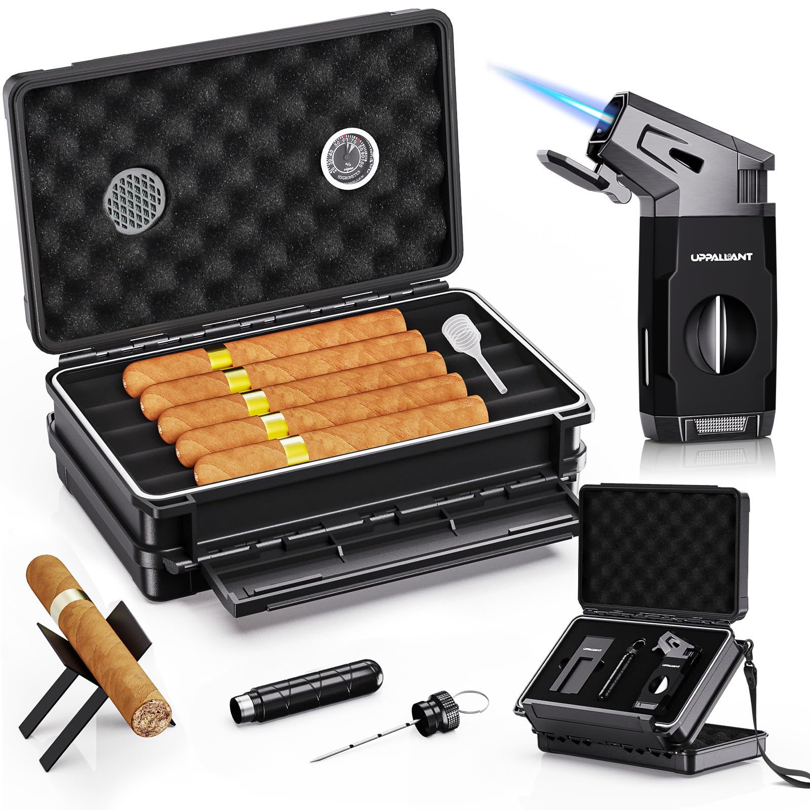 Photo 1 of Travel Cigar Humidor Case Set, Double-sided Design, with Cigar Lighter Built-in V Cutter, 2-in-1 Cigar Draw Enhancer/Punch Tool, Cigar Holder, Humidifier&Hygrometer, Cigar Accessories Gift Kit for Men