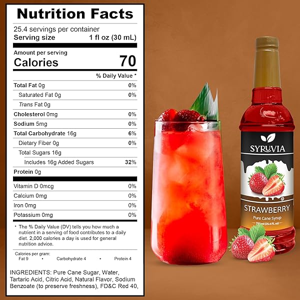 SYRUVIA STRAWBERRY SYRUP, FLAVORED SYRUP FOR DRINKS, COCKTAILS, LEMONADES, ICED TEAS, AND DESSERTS – 25.4 FL OZ