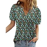 ROSELINLIN Womens Short Sleeve Shirts Loose Summer Floral Tunic Tops