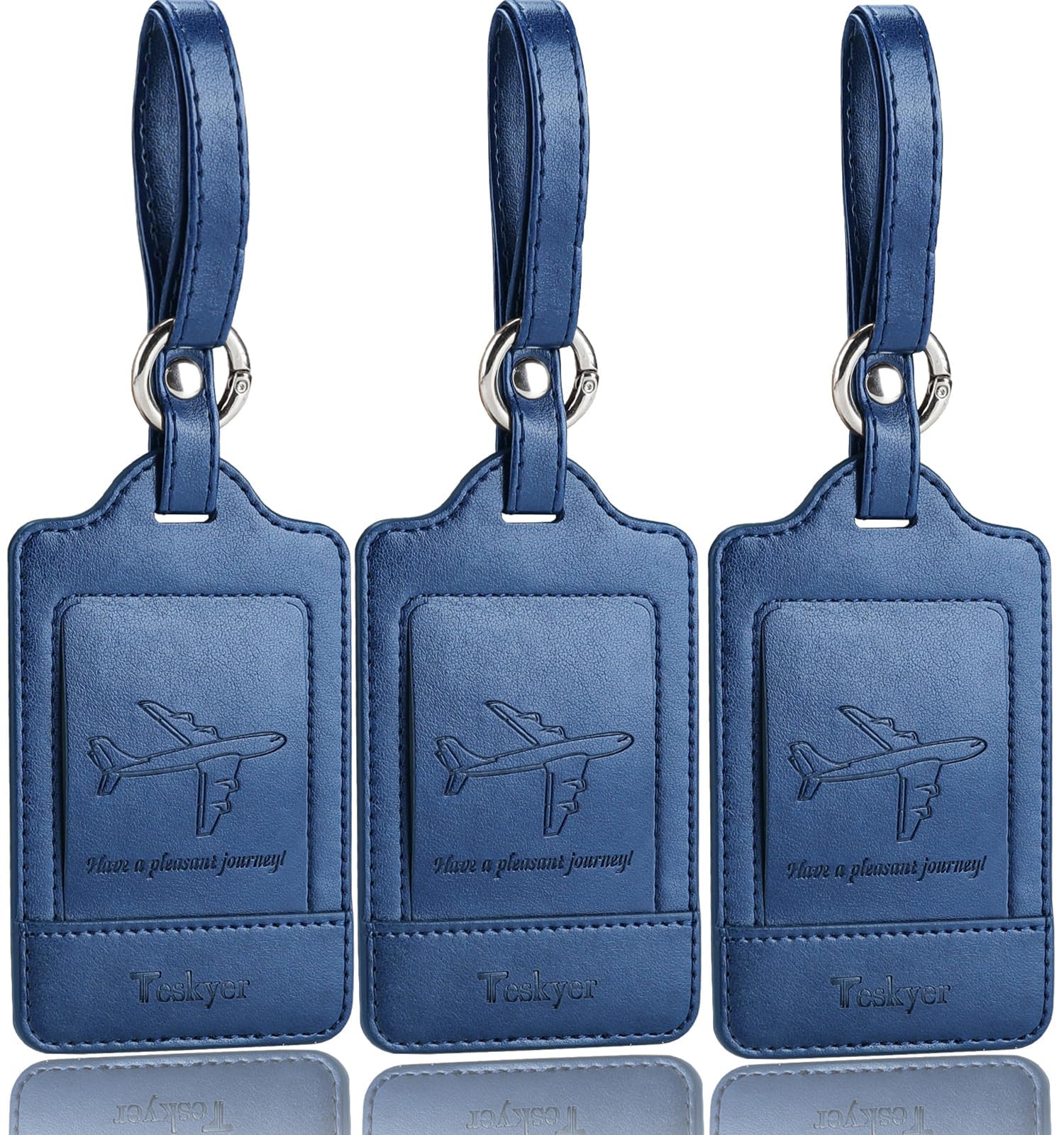 Teskyer Pack of 3 Luggage Tags, PU Leather Luggage Tags for Suitcases, Luggage Labels with Name ID Card, Noticeable, Durable, Travel Accessories, Blue
