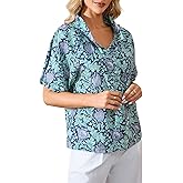 Women Summer Floral Shirts Short Sleeve Ruffle Collar Blouse Button Up V Neck Lightweight Casual Tunic Top
