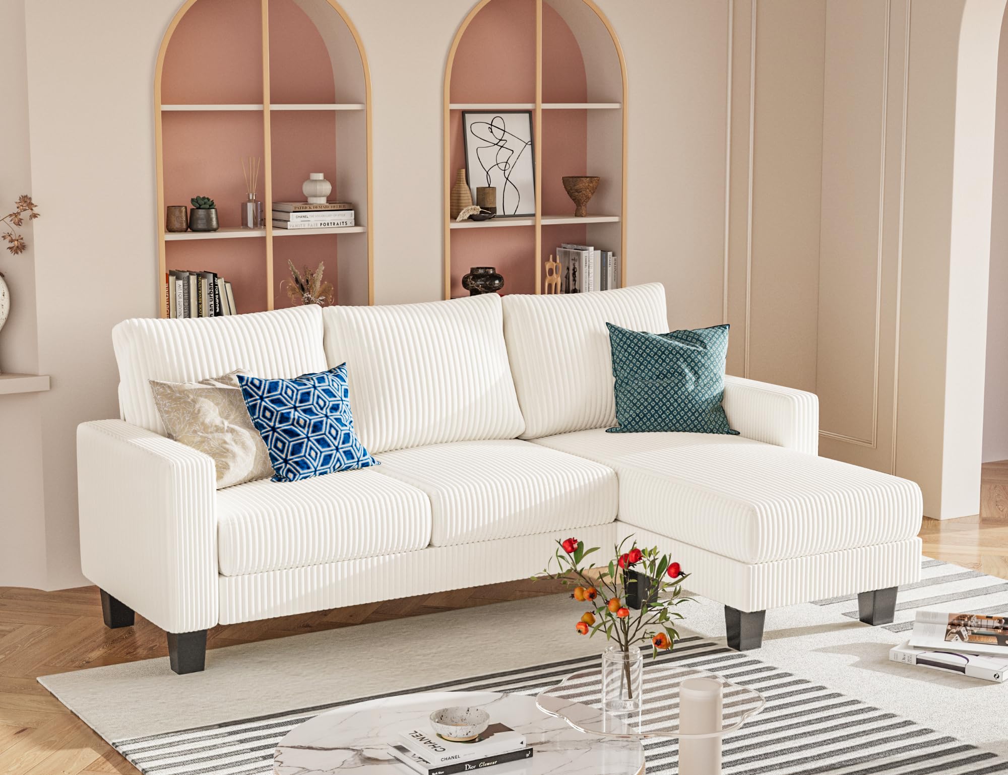 Photo 1 of *** FOR PARTS ***  Homall Sofa for Living Room, Couch with Convertible Chaise, 3 Seat L-Shaped Sofas, Comfy Corduroy Couches for Apartment, Small Space, Cream        