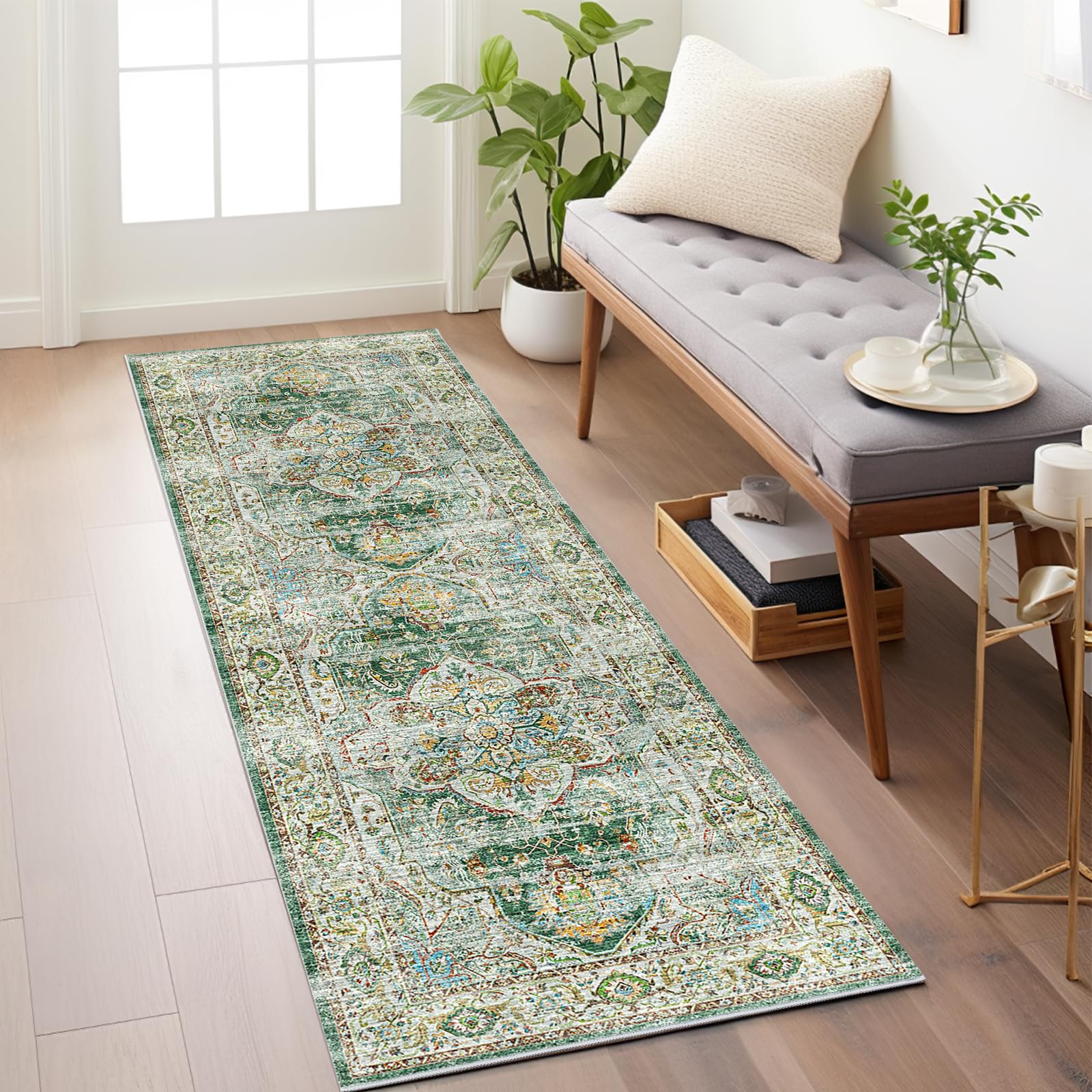Photo 1 of Madane Washable Runner Rug - 2x6 Rug Runners for Hallways 6 Feet Non Slip Vintage Kitchen Runner Rug Ultra-Thin Bathroom Runner Rugs Carpet Laundry Room Bedroom (2x6ft, Green)