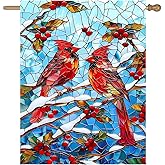 Winter Cardinal Bird Garden Flag for Outside 28x40 Stained Glass Red Birds on Snow Pine Tree Flag Christmas House Flags Large Outdoor Welcome New Years Yard Flag Double Sided